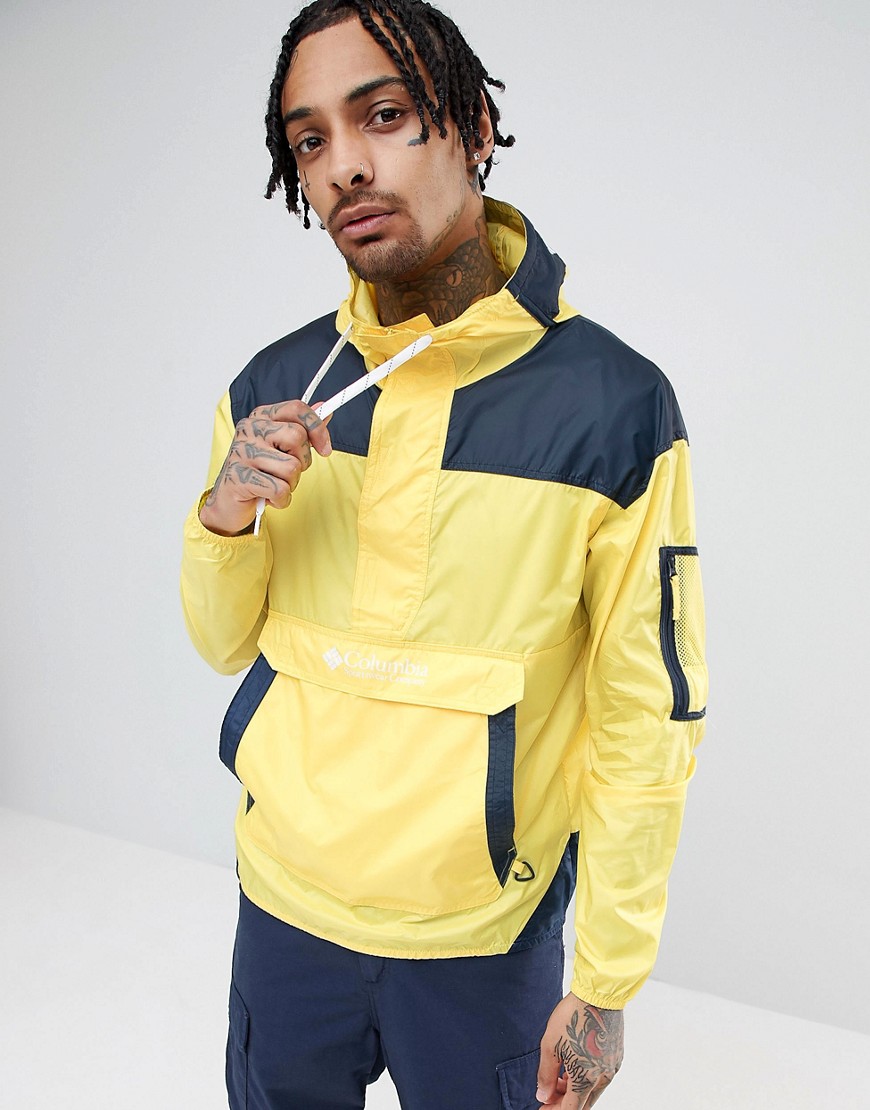 Columbia Challenger Packable Overhead Hooded Jacket Lightweight in Yellow/Navy - Buttercup