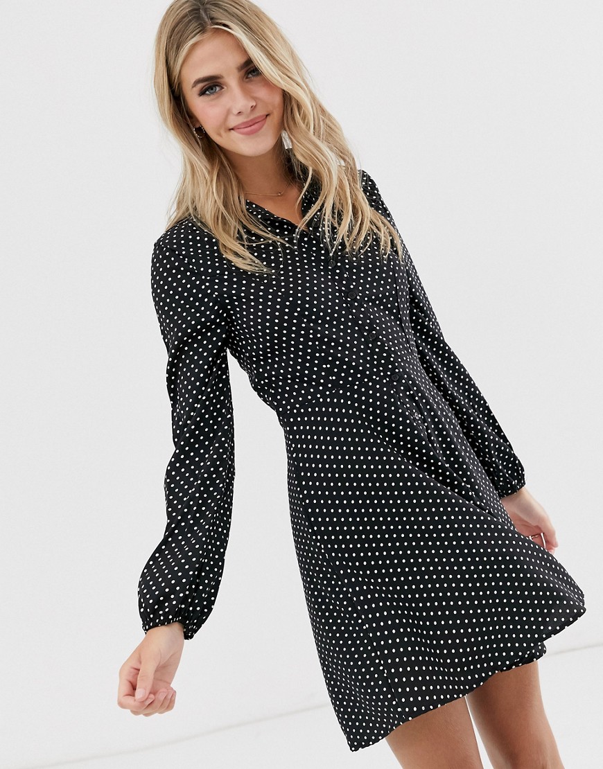 QED London button through spot print shirt dress in black and white