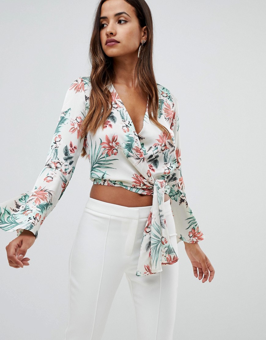Girl In Mind fluted wrap sleeve printed top