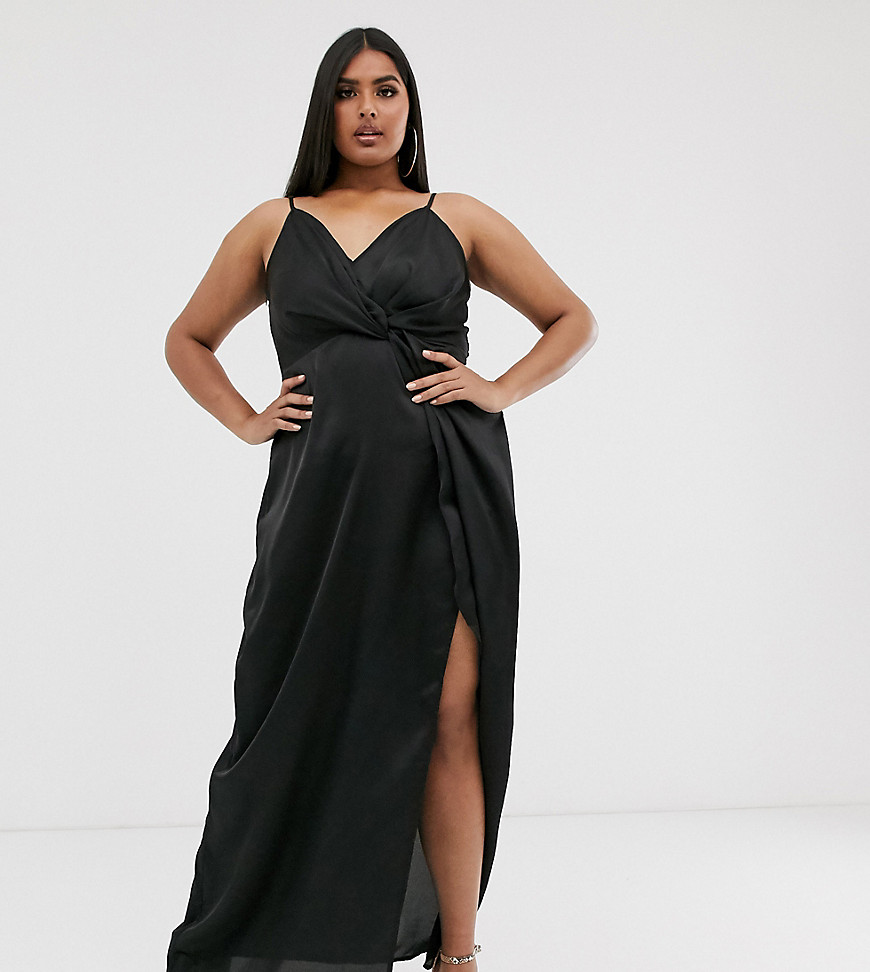 Missguided Plus satin maxi dress with side split in black