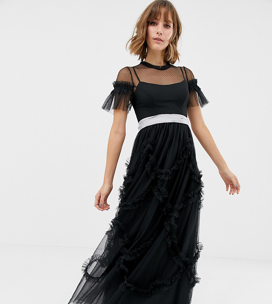 Needle & Thread tulle maxi gown with shirring detail in black