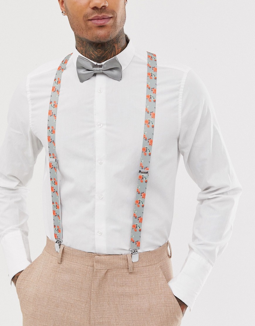 ASOS DESIGN braces and bow tie set in grey floral and plain