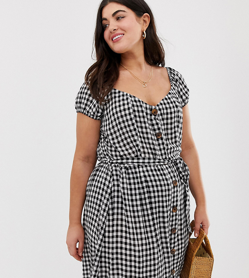Brave Soul Plus bardot midi dress in gingham with button front