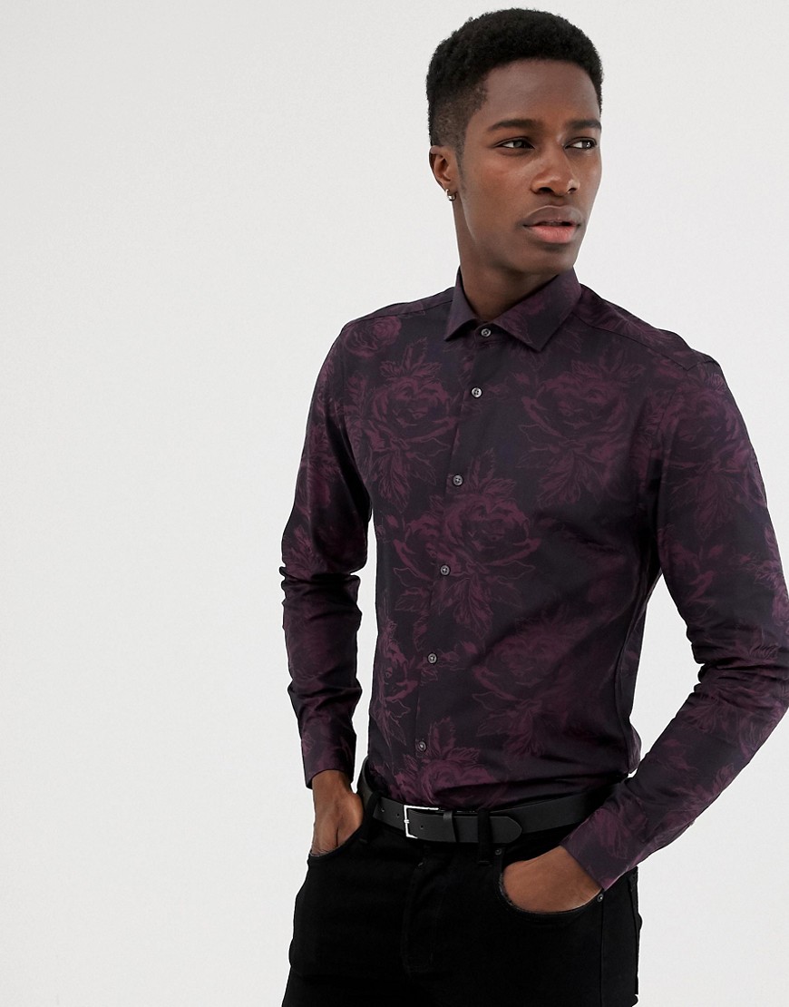 Moss London skinny fit shirt in burgundy floral jacquard