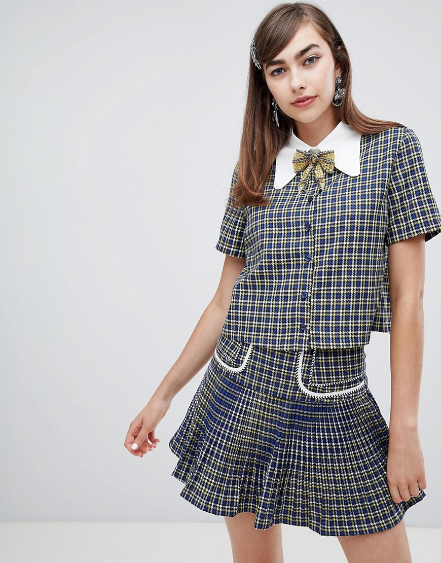 Sister Jane button up shirt with embellished ribbon tie in check co-ord