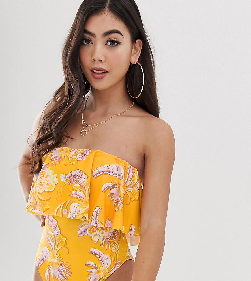 ASOS DESIGN petite recycled minimal frill bandeau swimsuit in orange floral