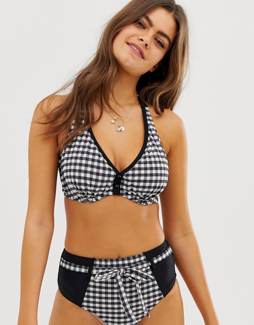 Pour Moi Fuller Bust Checkers hidden underwire halter bikini top in black and white D-G cup