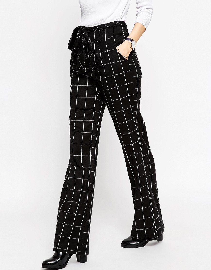 ASOS | ASOS Wide Leg Trousers in Mono Grid Check with OBI Tie at ASOS