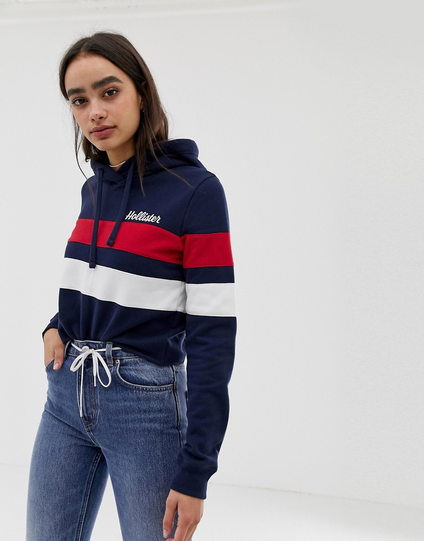 Hollister cropped hoodie with small chest logo in stripe