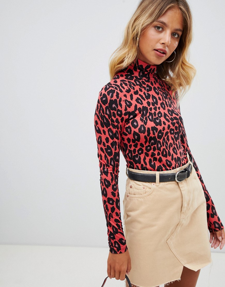 New Look Leopard Print Roll Neck Top - Red pattern
