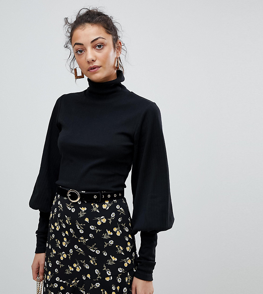 Fashion Union Tall High Neck Top With Puff Sleeves - Black