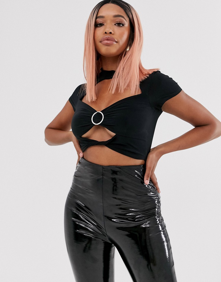 ASOS DESIGN crop top with cap sleeve and diamante ring detail in black