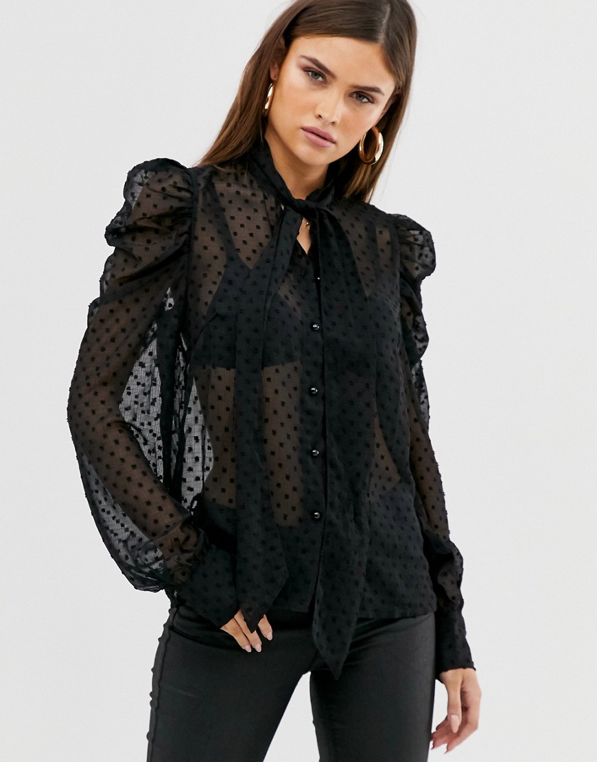 Y.A.S pussy bow polka dot sheer blouse with puff sleeve