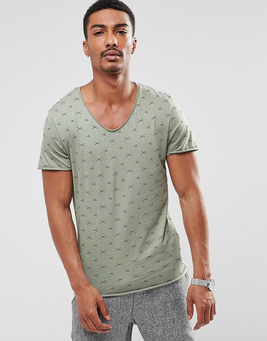 Selected Homme Print V Neck T-Shirt - Green