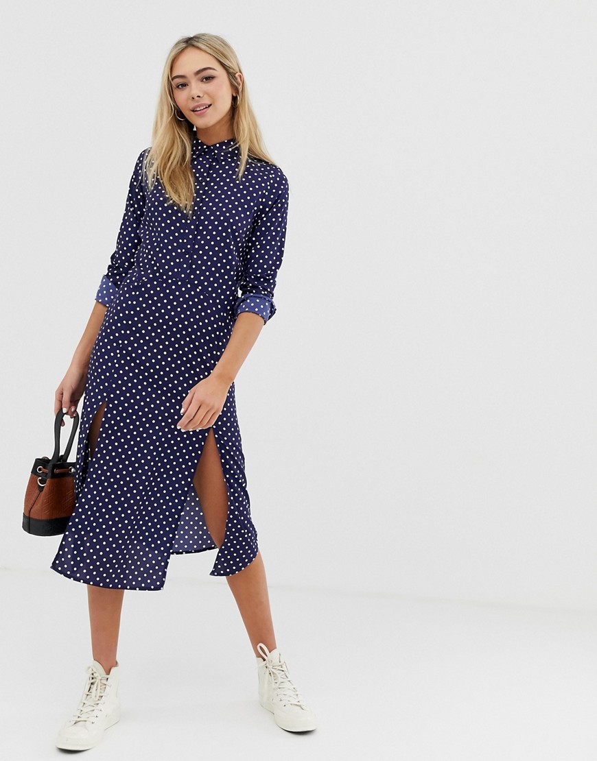 Wednesday's Girl midaxi shirt dress with front splits in polka dot