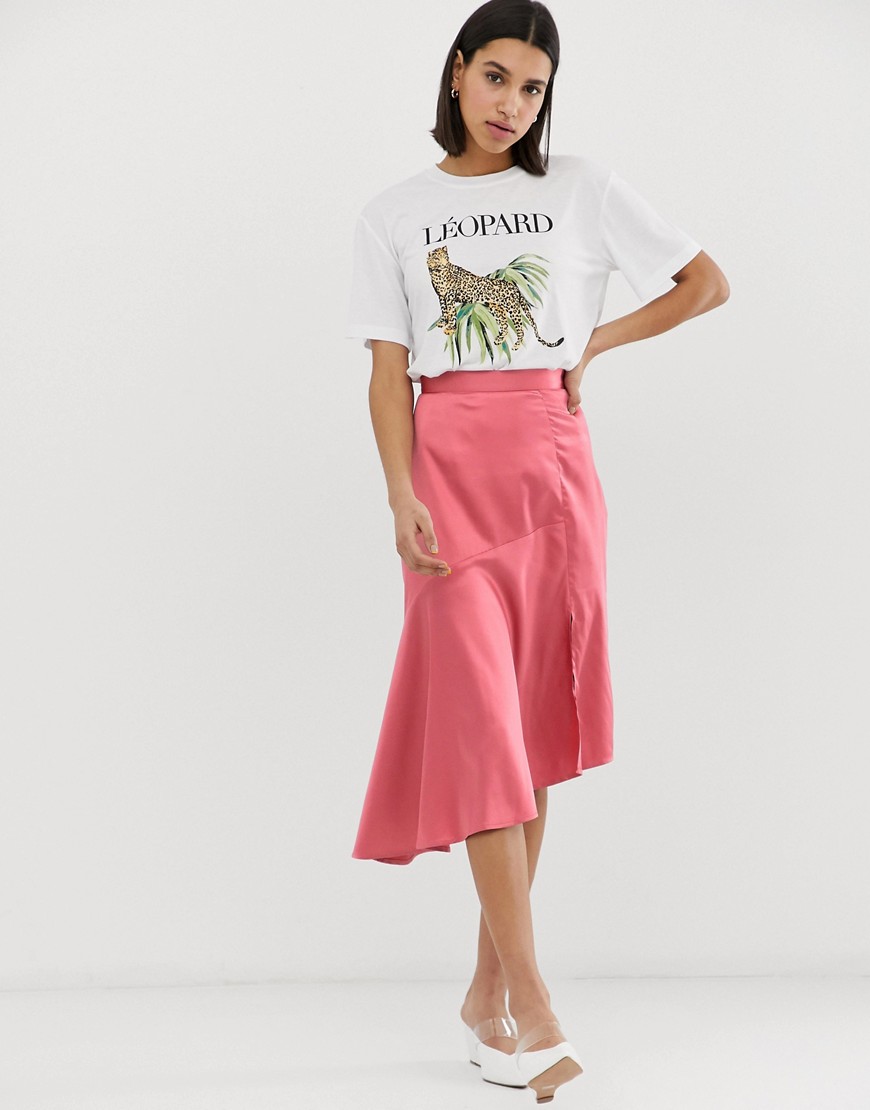 Neon Rose midi asymetric skirt in satin