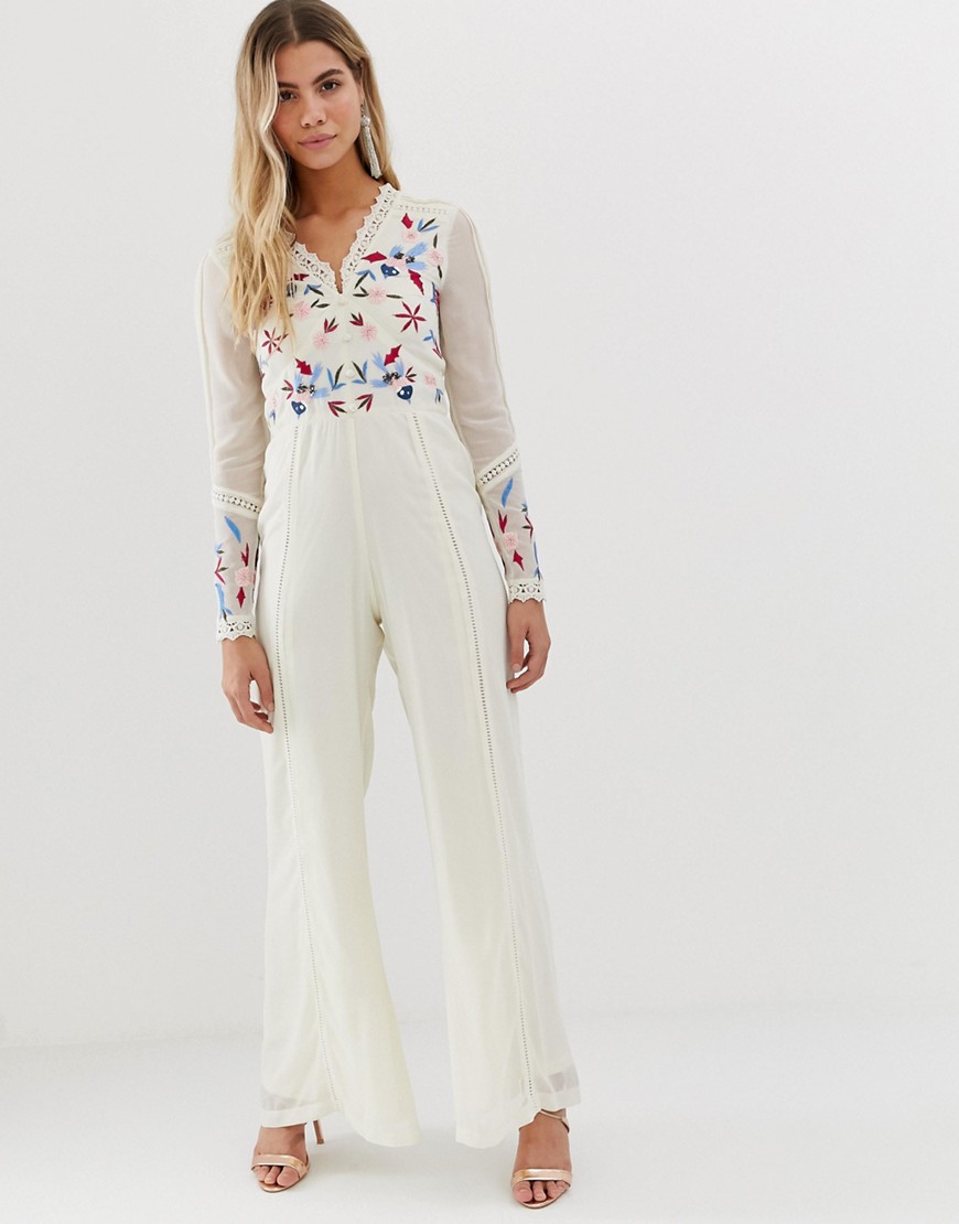 Frock And Frill button front wide leg jumpsuit in bird and sequin embroidery in cream