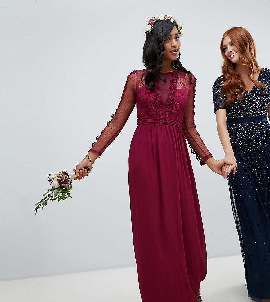 TFNC lace detail bridesmaid maxi dress in burgundy