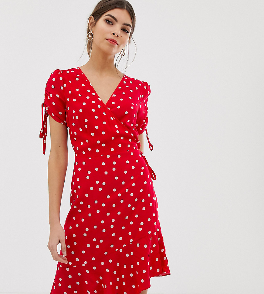 Warehouse spot ruched sleeve wrap dress in red