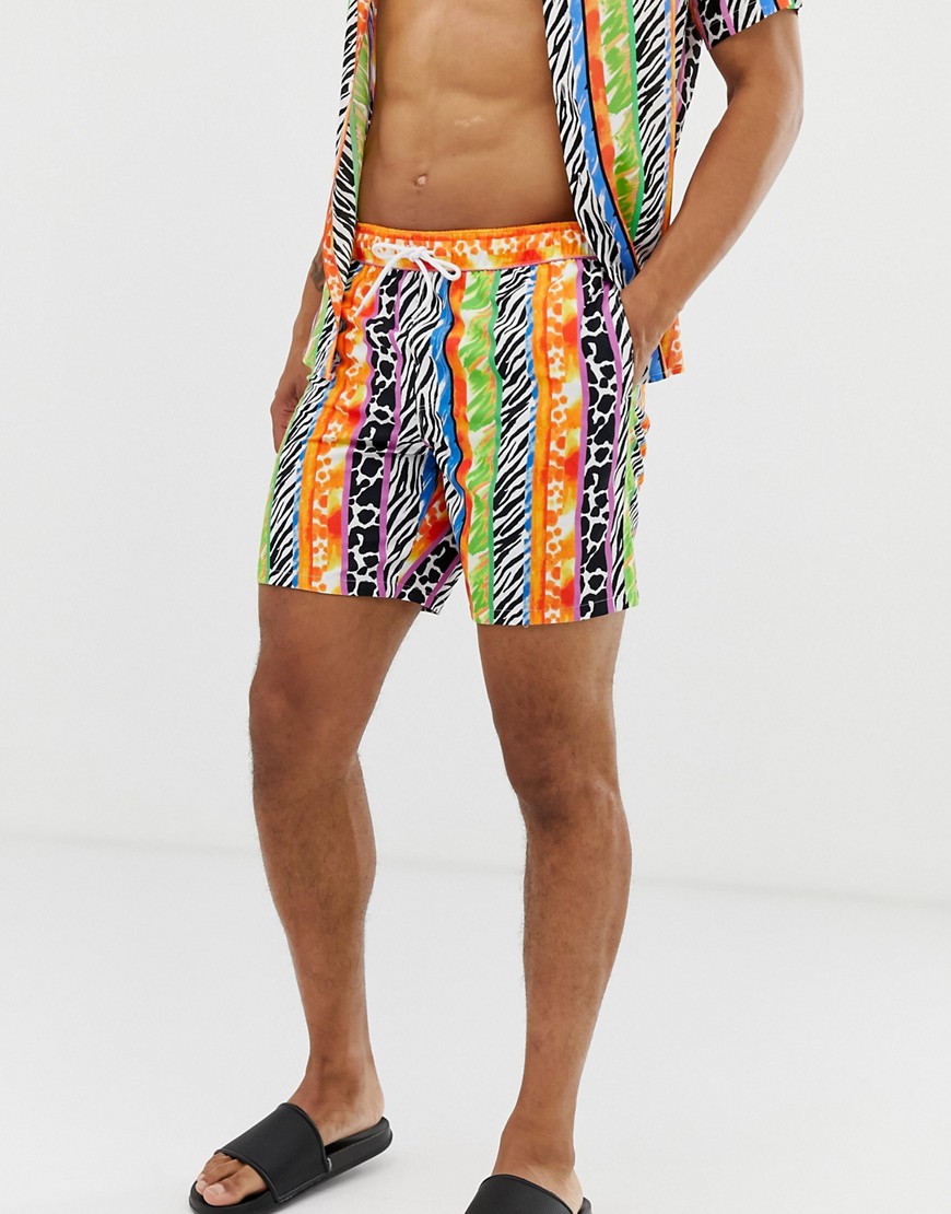 ASOS DESIGN co-ord swim shorts in bright animal stripe print mid length