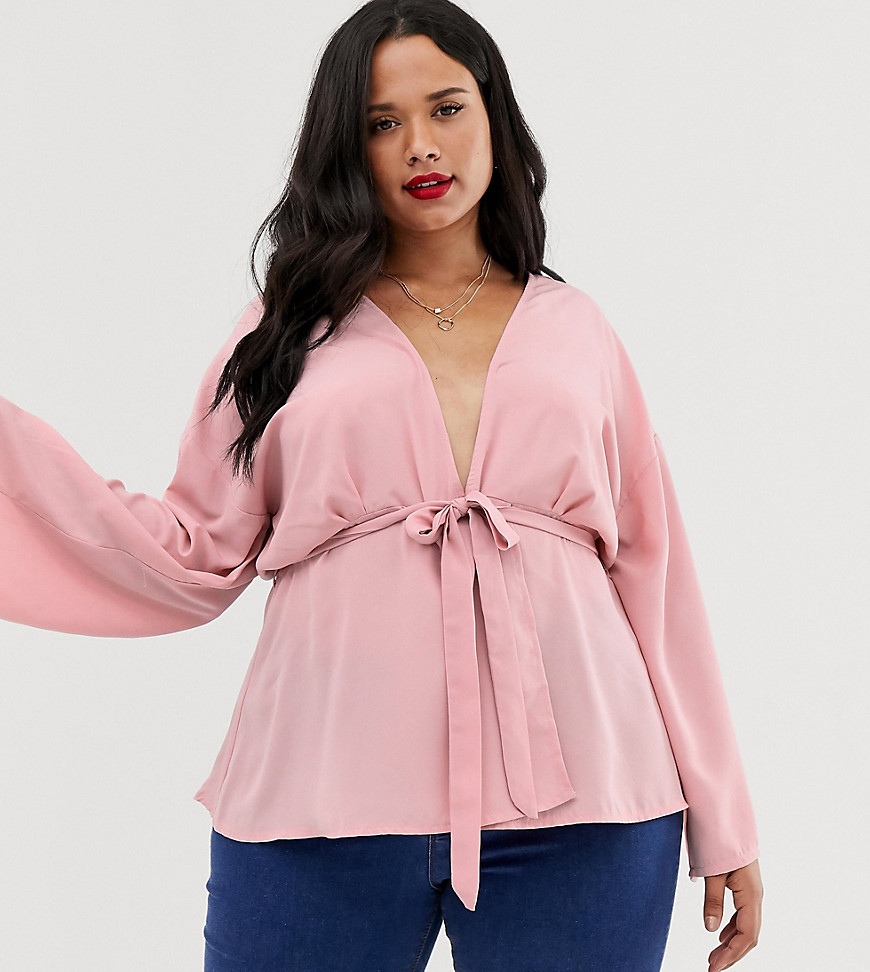 Boohoo Plus plunge blouse with tie waist in blush