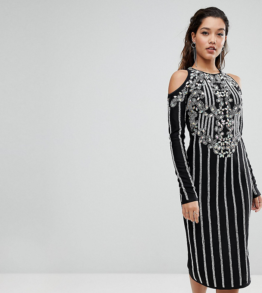 A Star Is Born Midi Dress In Jersey With Embellishment And Cold Shoulder Detail - Black