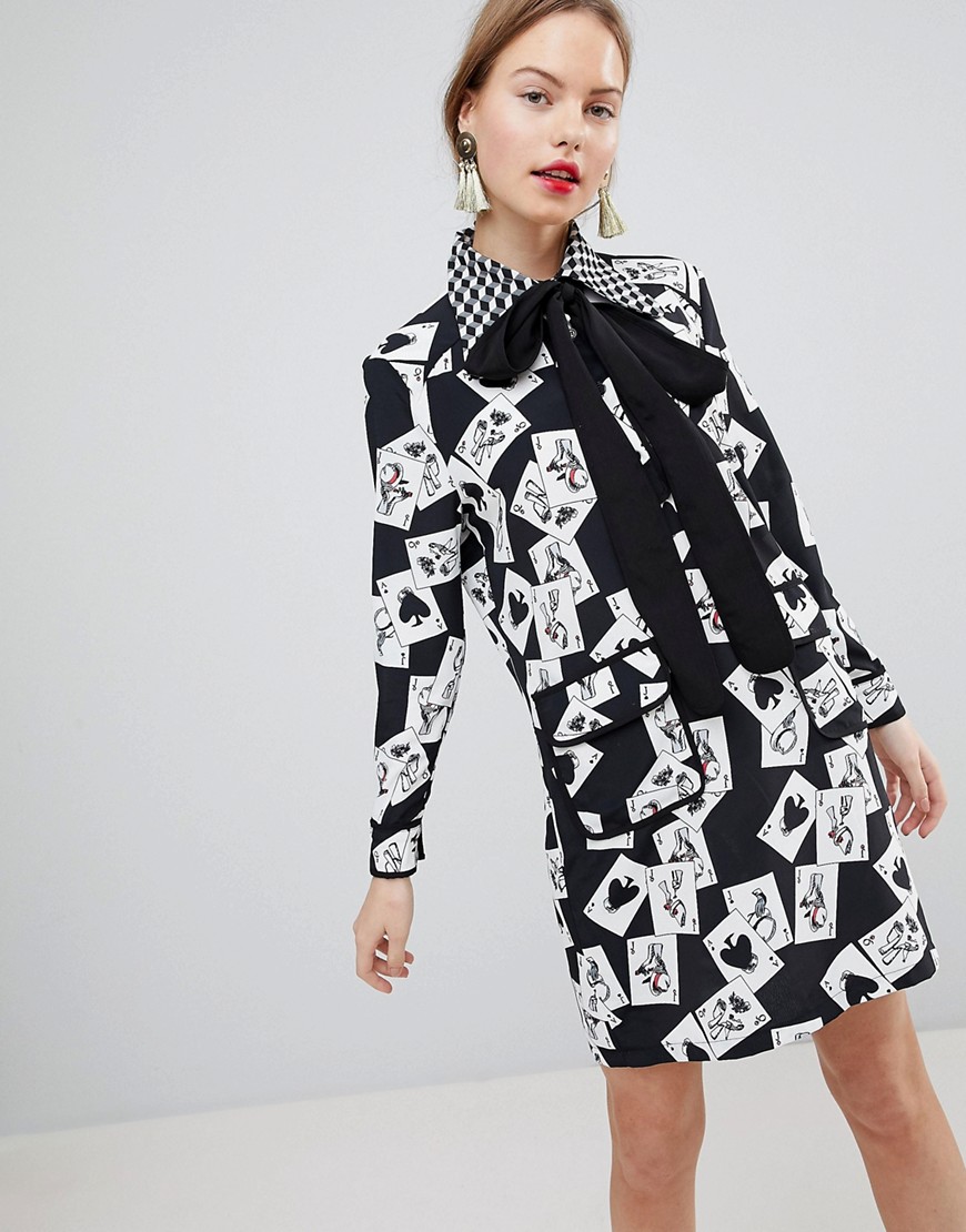 Sister Jane Mini Shift Dress With Pussybow In All Over Cards Print - Black multi