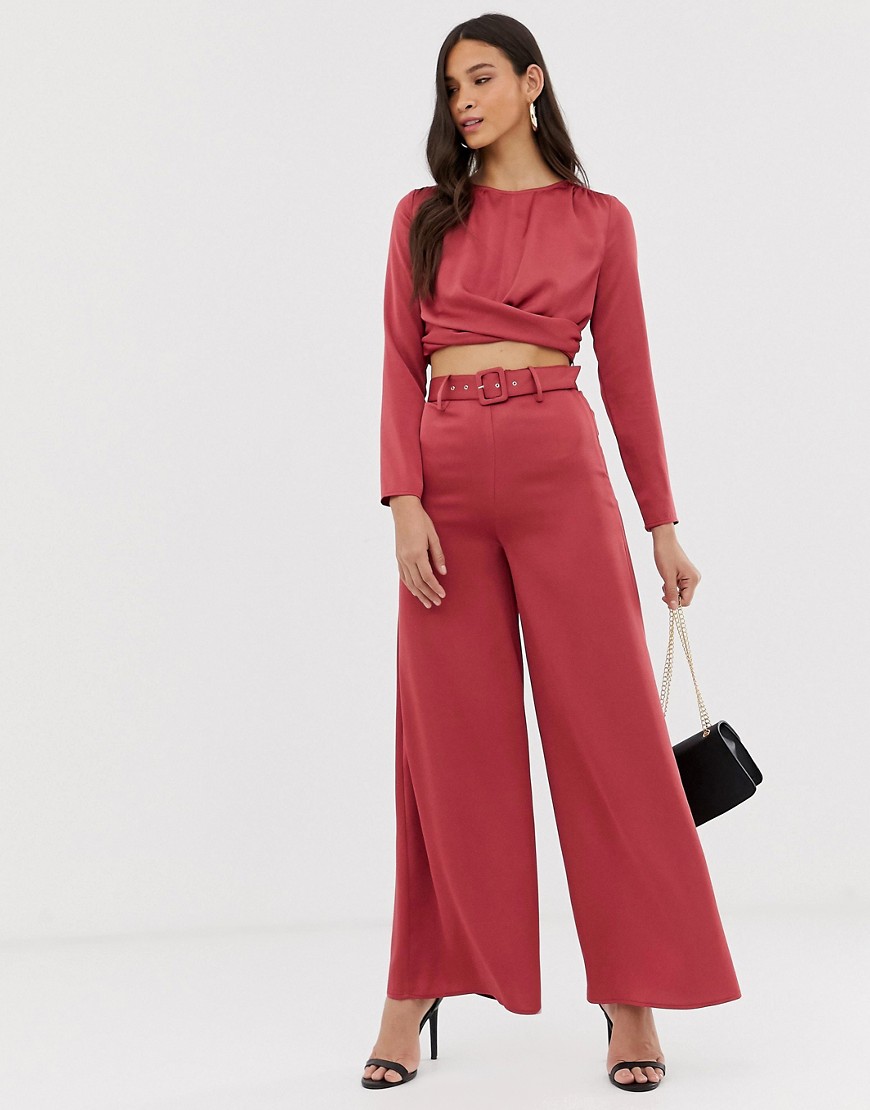 The Girlcode wide leg satin trouser with belt in cranberry