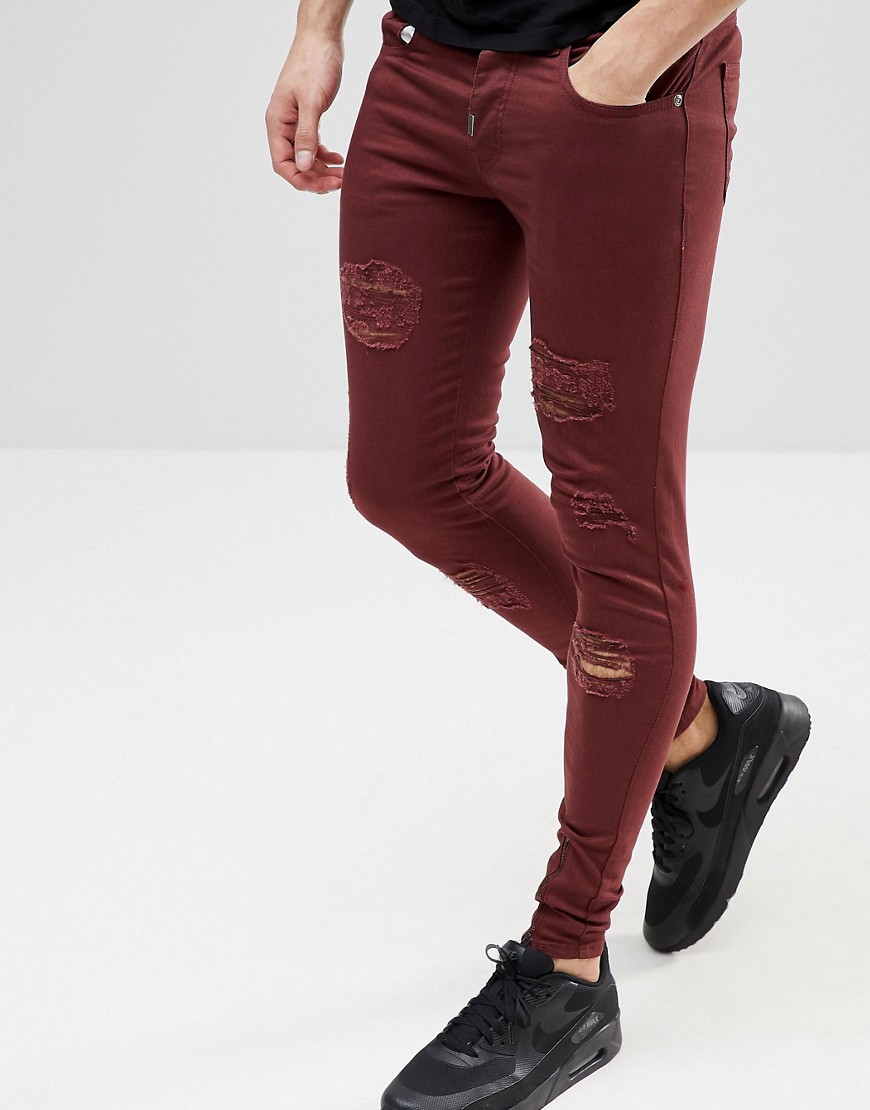 Ascend Denim Super Skinny Muscle Fit Jeans in Extreme Rips with Zips - Red