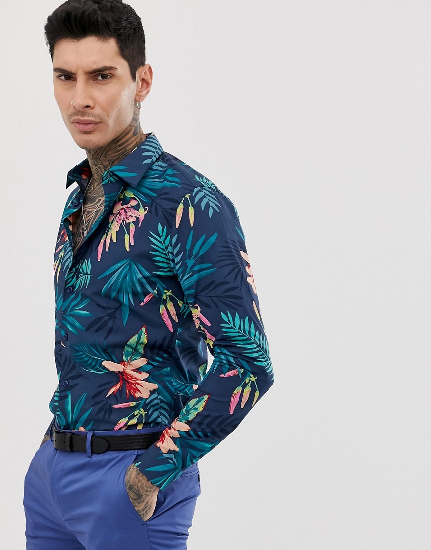 Devils Advocate slim fit cotton tropical print long sleeve shirt