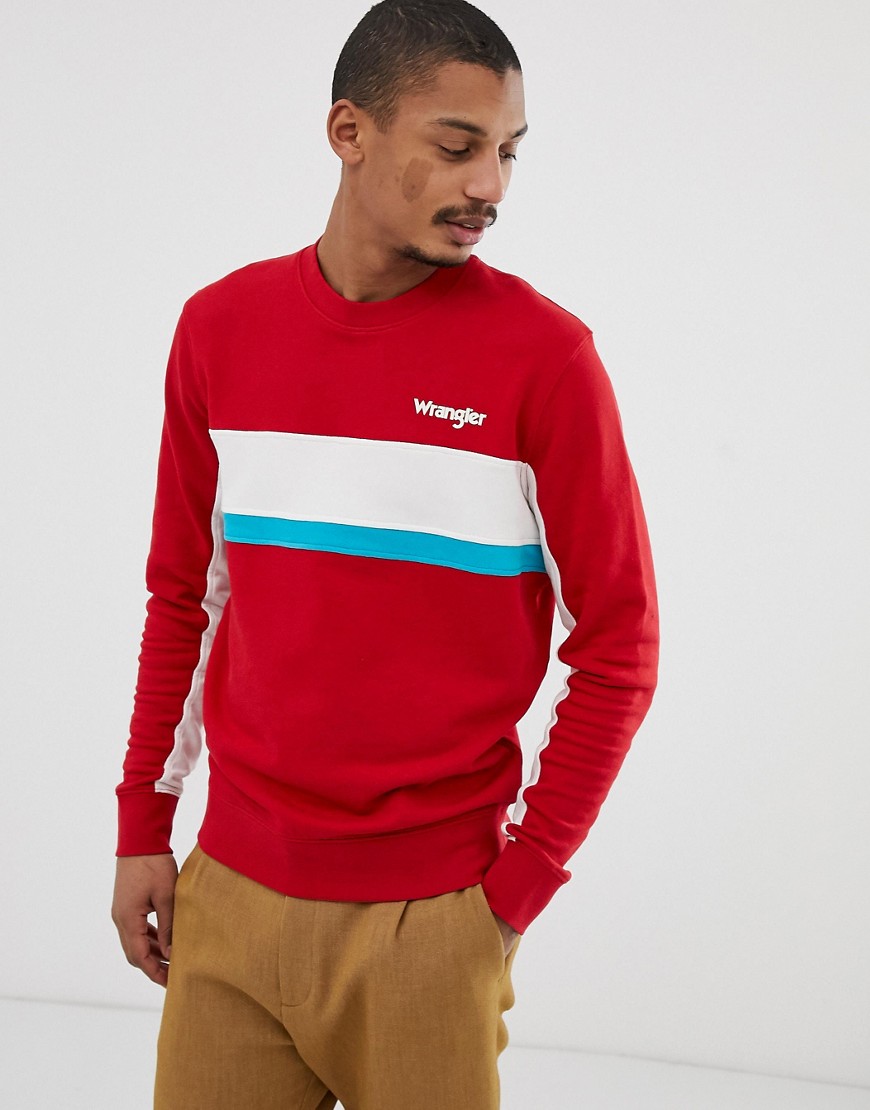 Wrangler logo chest colourblock stripe crew neck sweatshirt in red/white