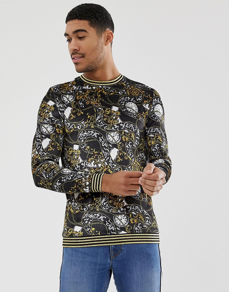 ASOS DESIGN muscle velour sweatshirt in baroque print with glitter tipping