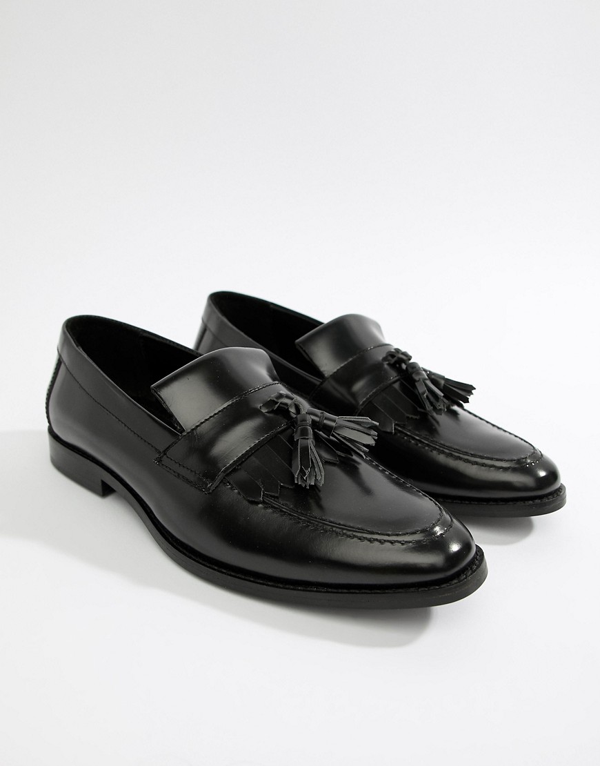 WALK London North fringe tassel loafers in high shine black