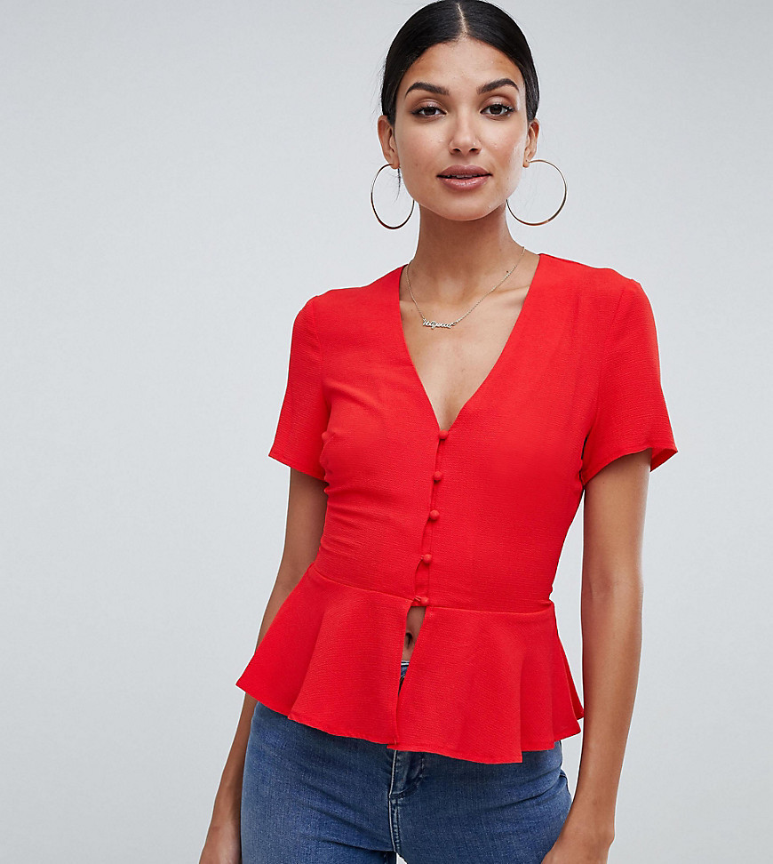 Missguided Tall button detail peplum blouse in red
