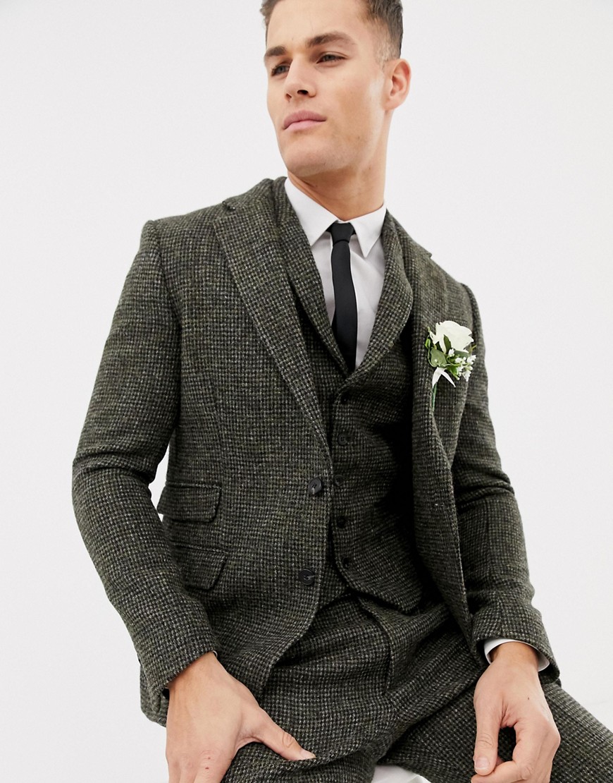 ASOS DESIGN slim suit jacket in 100% wool Harris Tweed khaki micro check