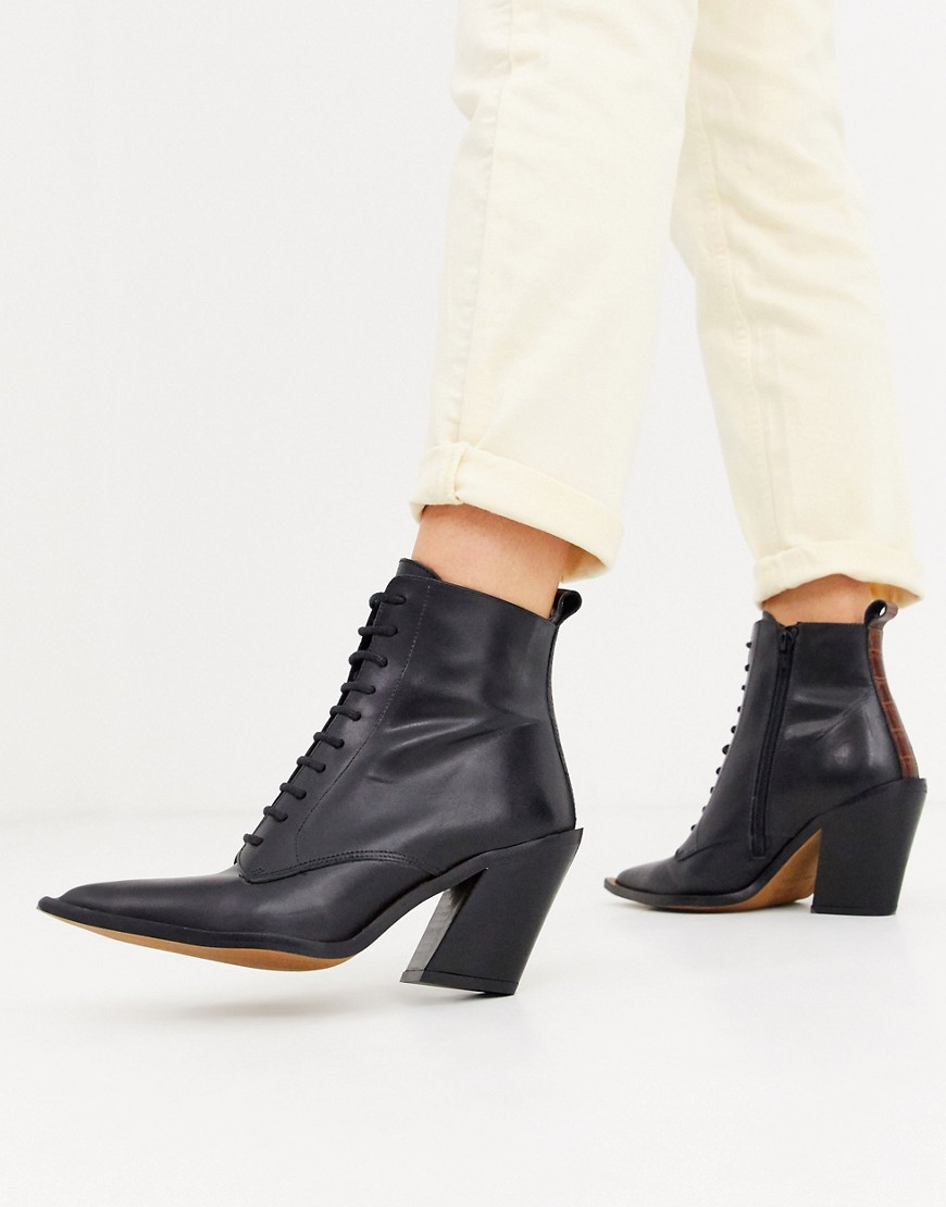 Asos Design Redwood Premium Leather Western Lace Up Boots In Black