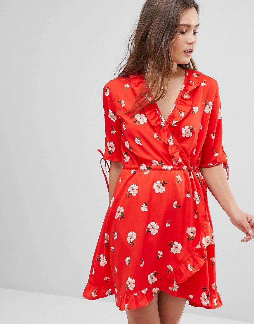 Influence Ruffle Front Floral Wrap Dress - Red
