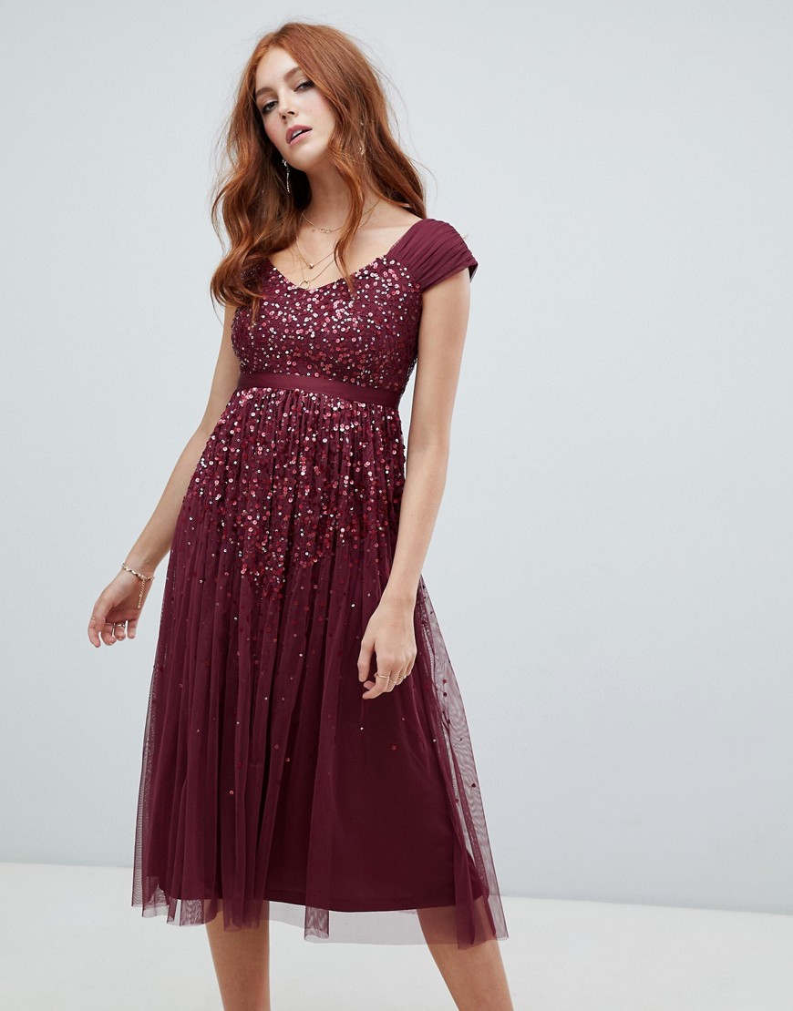 Amelia Rose embellished ombre sequin midi dress with cami strap in berry