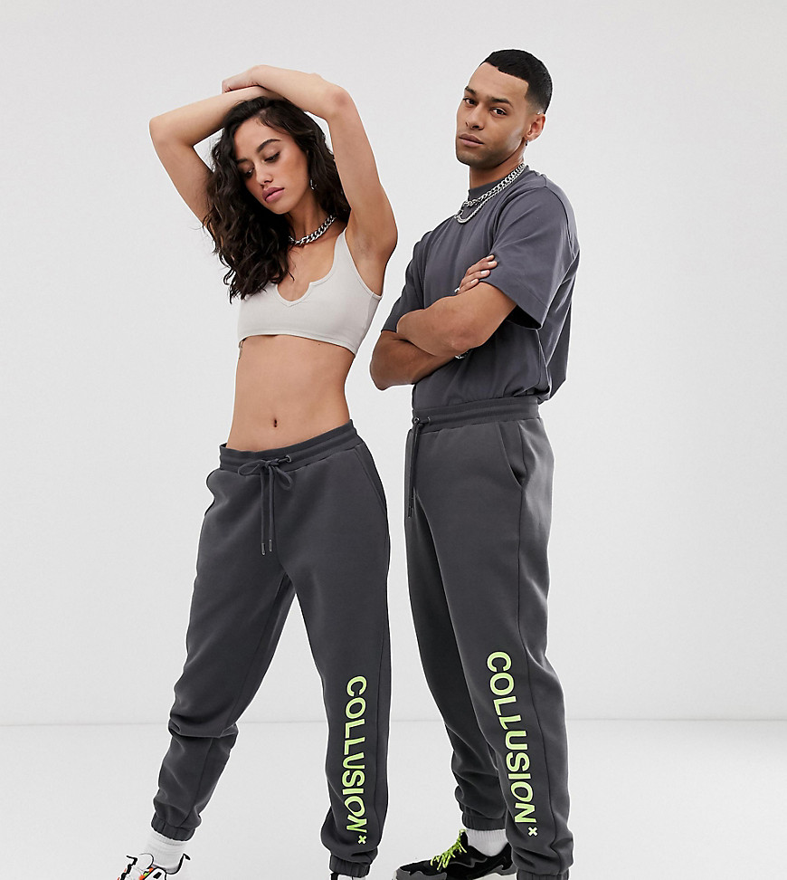 COLLUSION Unisex logo joggers in charcoal