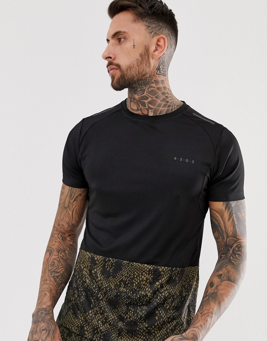 ASOS 4505 running t-shirt with snakeskin print panel and stepped hem