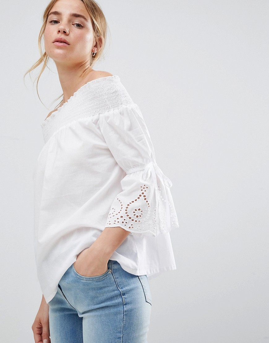 Influence Bardot Top With Broderie Sleeve Detail