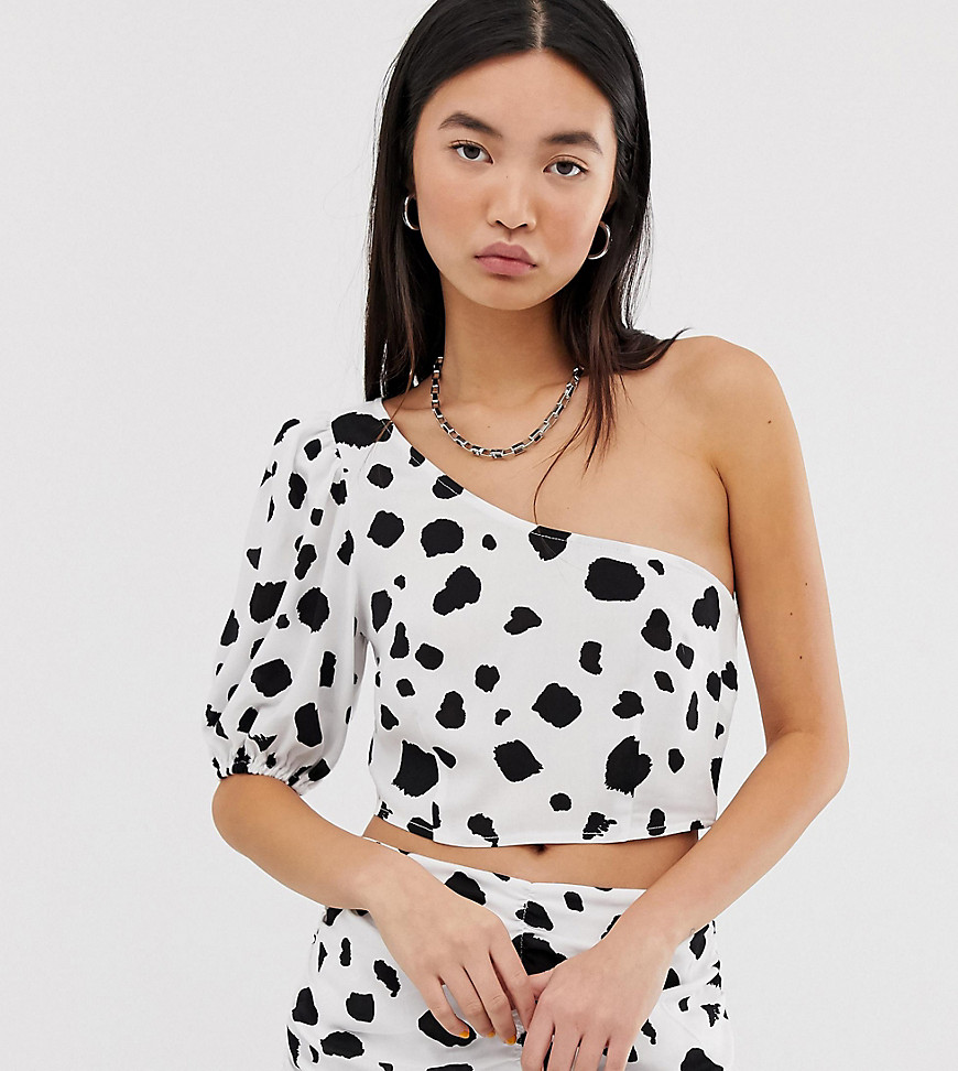 Reclaimed Vintage inspired one shoulder puff sleeve top in cow print co-ord