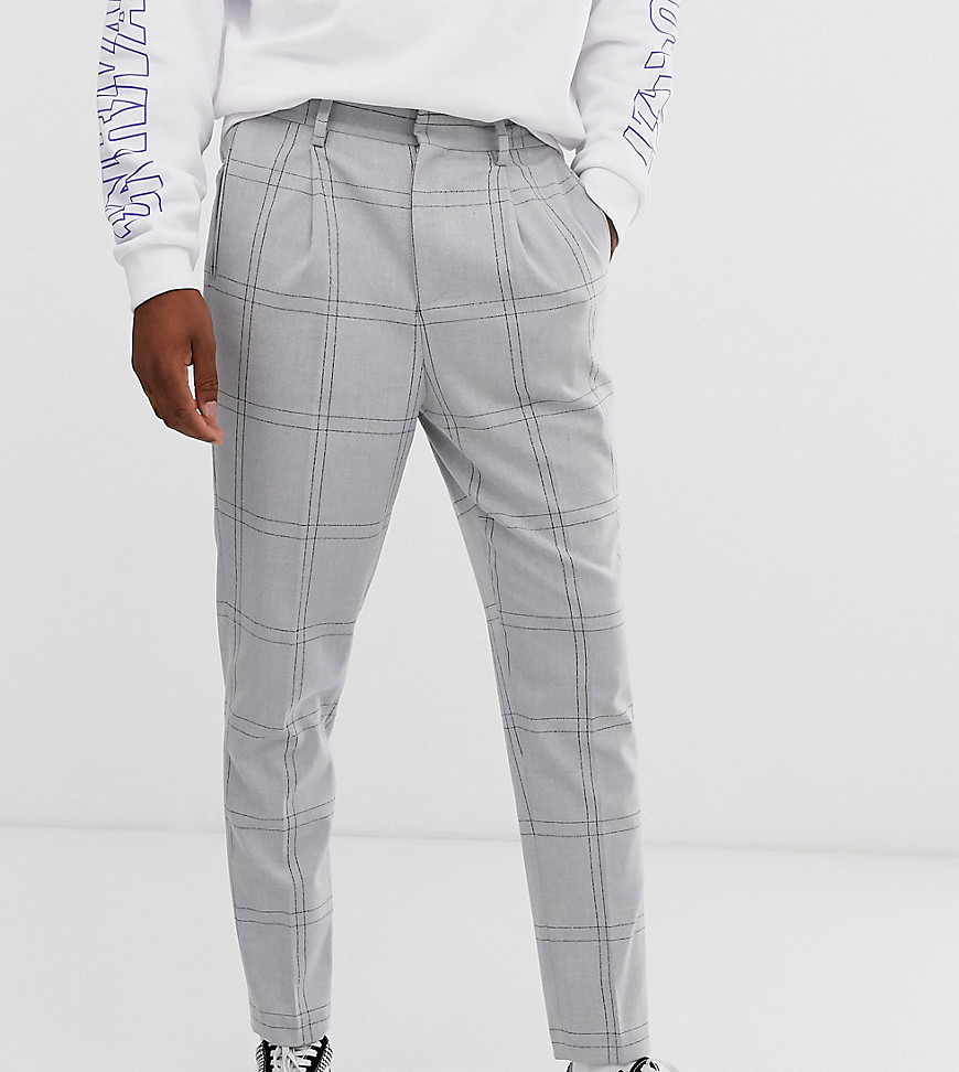 ASOS DESIGN Tall tapered crop smart trousers in oversized minimal check with elasticated waist in grey