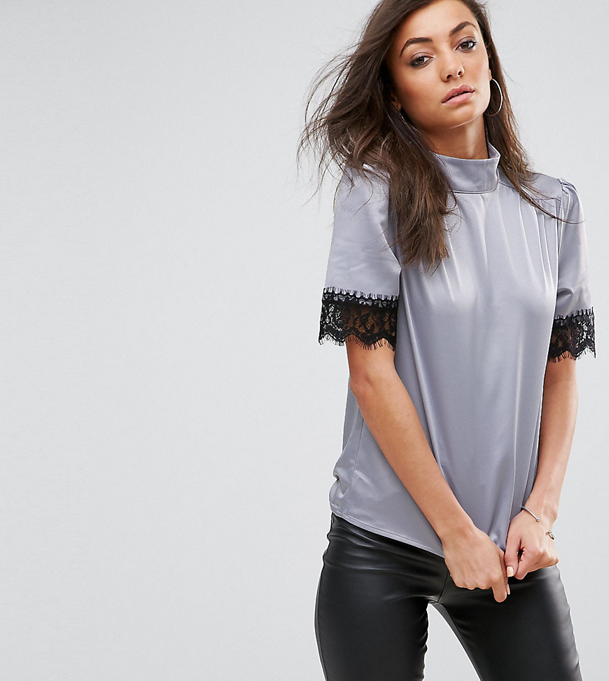 Fashion Union Tall Top In Satin With Lace Trim - Lilac grey