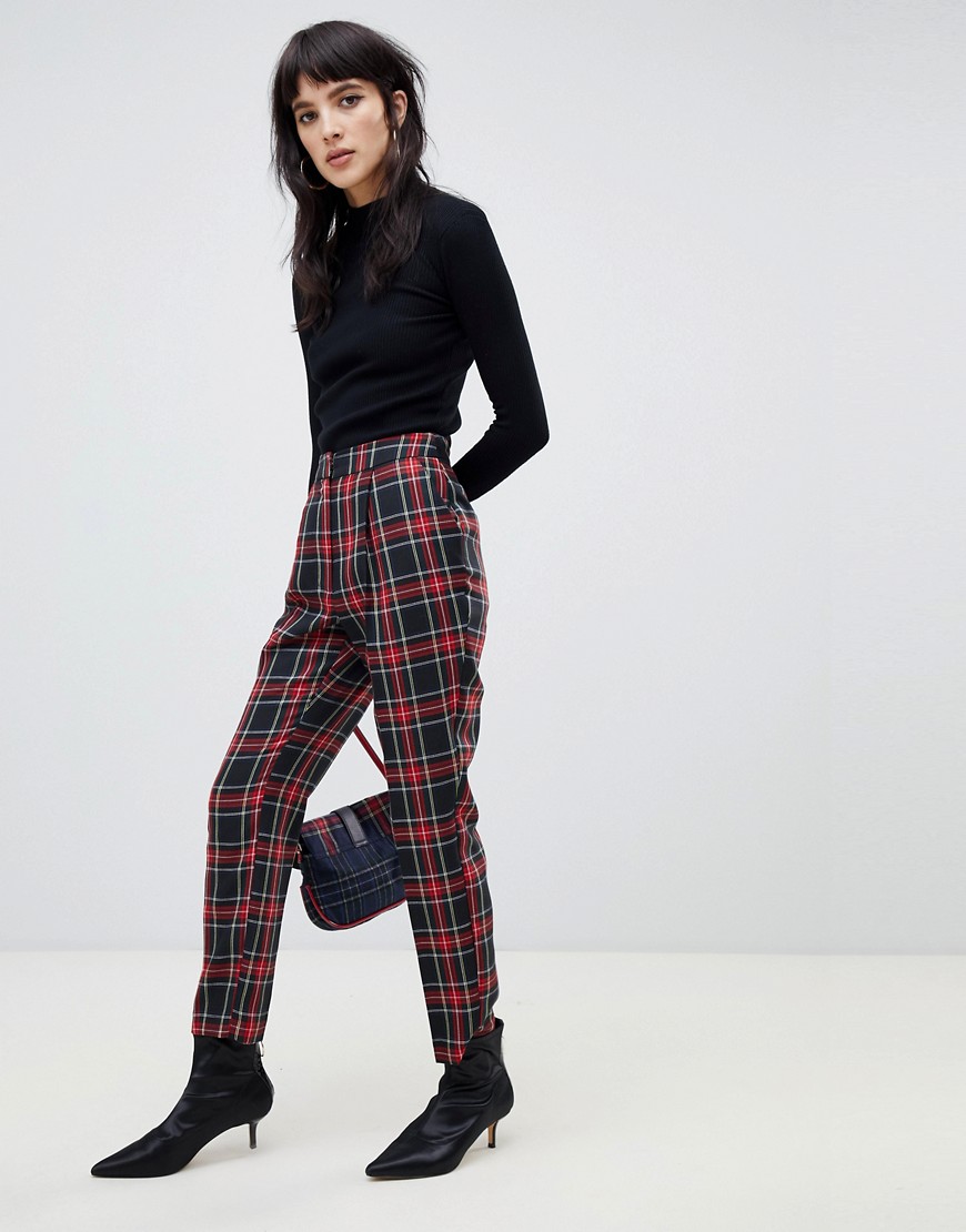 Warehouse peg trousers in red tartan check