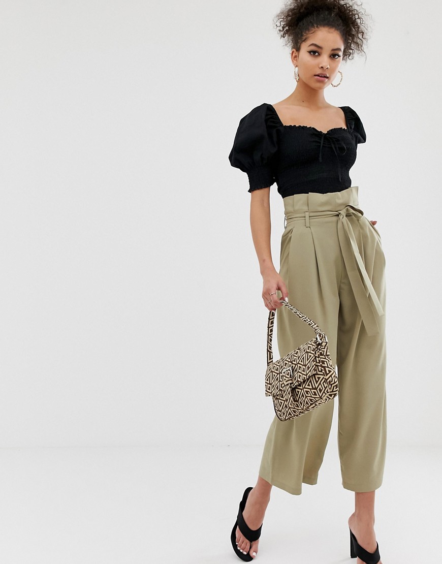C by Cubic paperbag waist wide leg trousers in khaki