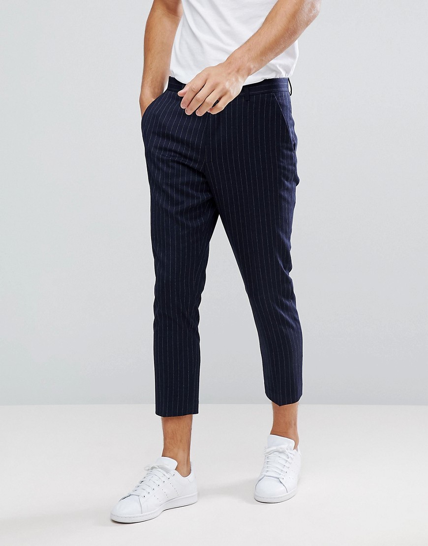 ASOS Tapered Suit Trousers In Navy Wool Blend Pinstripe