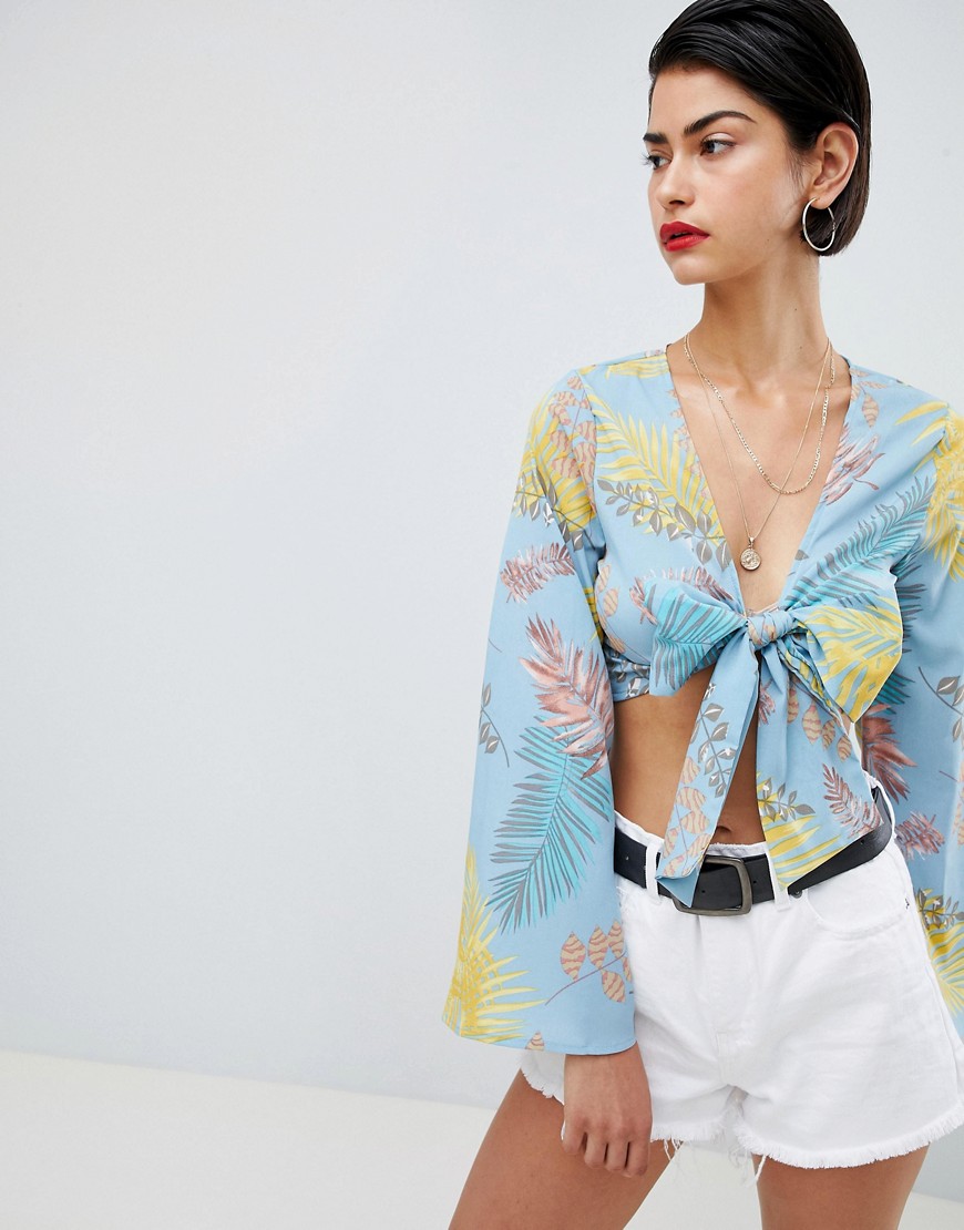Missguided Tropical Print Tie Front Top