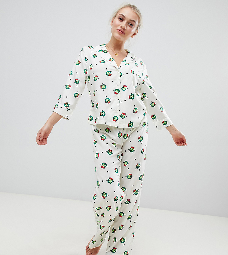 ASOS DESIGN Petite christmas sprout traditional shirt and trouser pyjama set in 100% modal