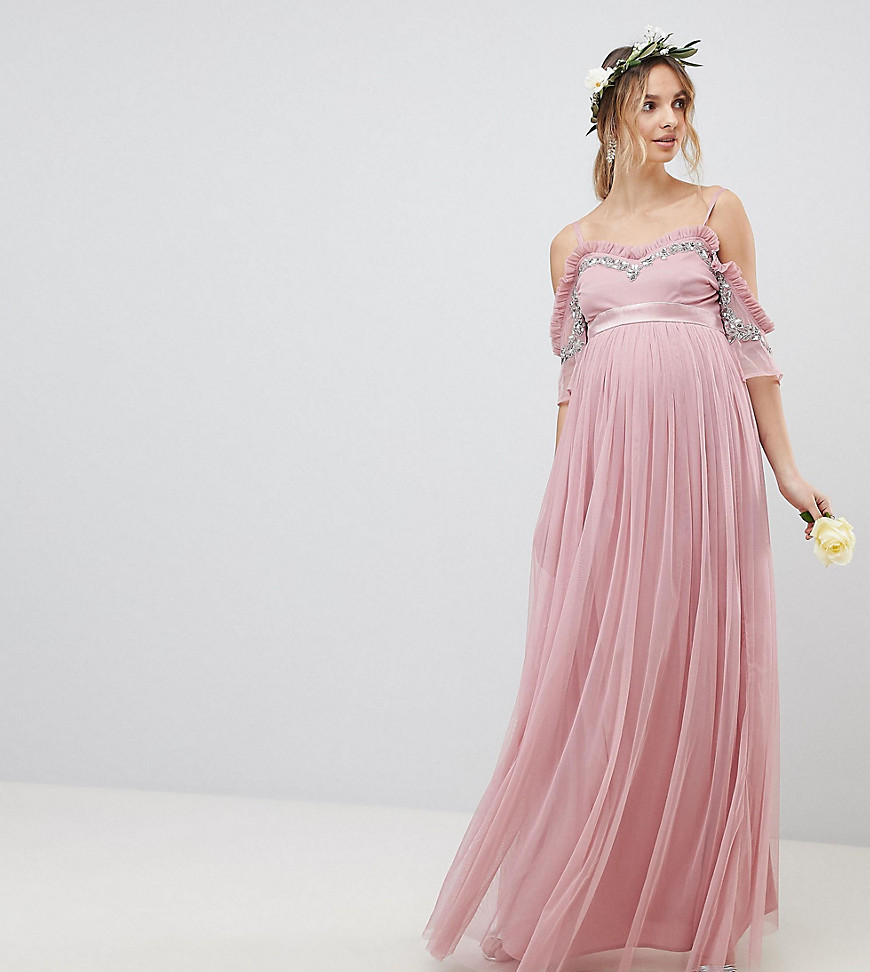 Maya Maternity Cold Shoulder Sequin Detail Tulle Maxi Dress With Ruffle Detail